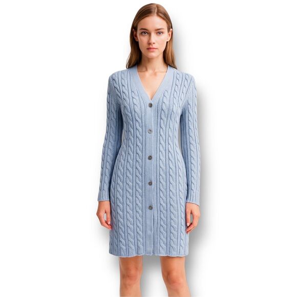 Brooks Brothers Blue Silk Cashmere Cable Knit Sweater Dress Cardigan Preppy Sz M - Picture 1 of 8